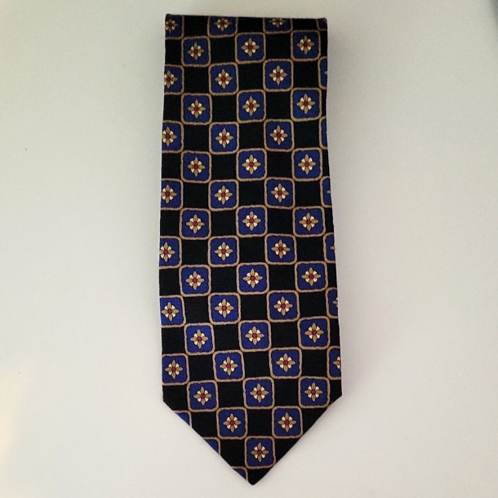 Ike Behar Blue and Gold Geometric Floral Tie